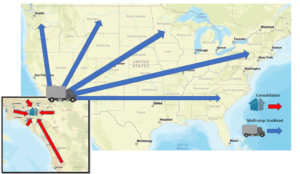 A map showing the geographic area that MVP Logistics offers multi-stop and consolidation for frozen or temperature controlled goods.
