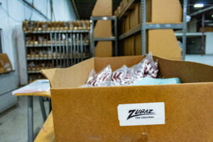A warehouse image of a zubaz box of merchandise in the MVP Logistics warehouse