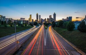 Image of fast moving traffic within a city