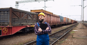 An image of a railroad employee standing in front of a train on the railroad tracks.
