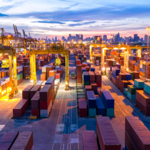 International Logistics - Shipping Containers at Bustling Port for Ocean and Air Cargo Services